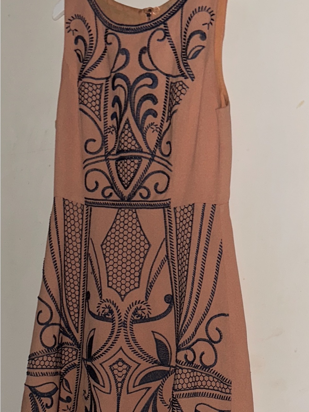 Sleeveless Peach 🍑 Colored  Dress with Navy Scroll Embroidery